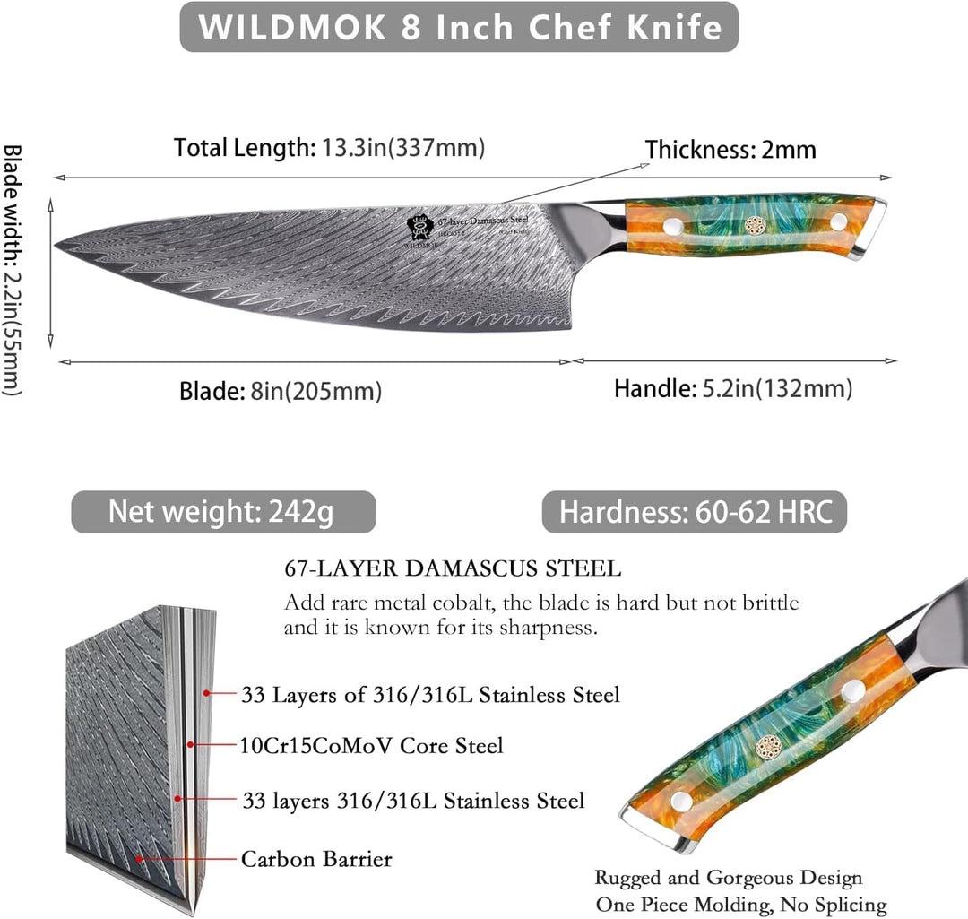 WILDMOK Kochmesser, 20cm Damaskus japanisches Kochmesser, Japanischer VG10 Stahl mit schwarzem Harzg