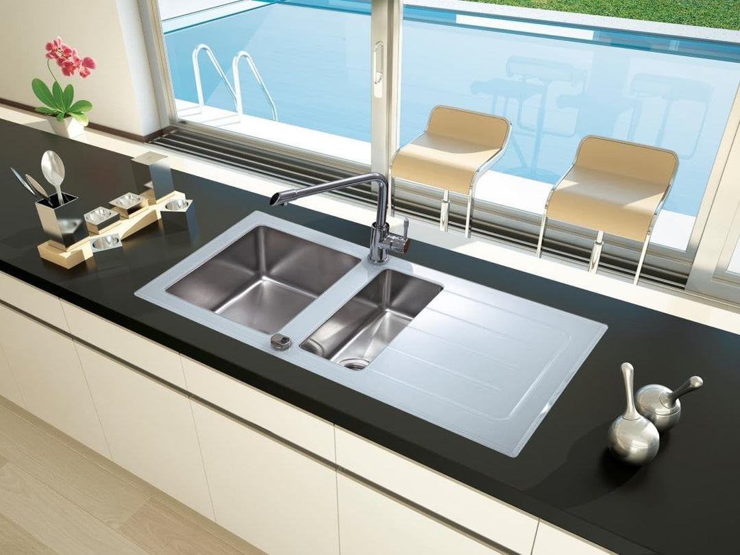 Respekta NewYork Glasspüle in Weiss / 1,5 Becken Einbauspüle in 100 x 50 cm / Spülbecken geeignet fü