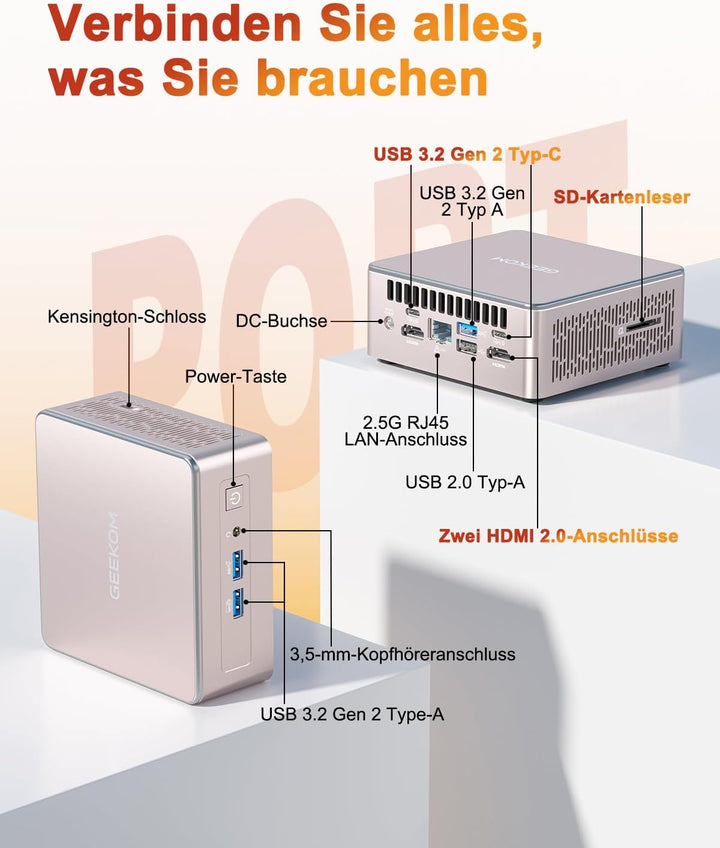 GEEKOM Mini PC A5 2025 Edition mit AMD Ryzen 5 7430U,16GB RAM 1TB SSD, Windows 11 Pro, Ultra-leiser