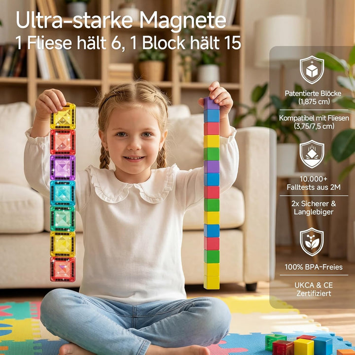 burgkidz Magnetbausteine und Magnetfliesen Reise-Set 48 Teile, 3-in-1-3,75 cm Magnetfliesen & 1,875