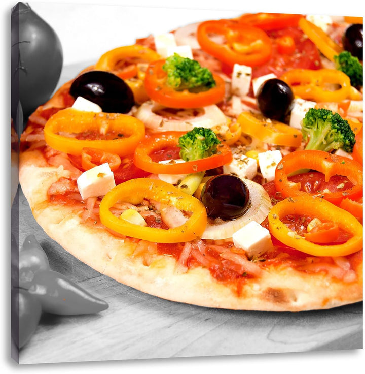 Pixxprint leckere Pizza mit Oliven und Hirtenkäse schwarz/weiss, Format: 70x70 als Leinwandbild, 70x