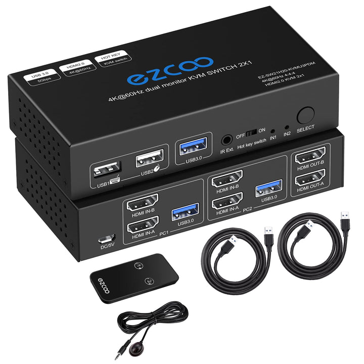 HDMI KVM Switch Dual Monitor 4K 60Hz USB 3.0 2 Ports with Hotkey 18Gbps HDCP2.3 2x HDMI Extended Dis