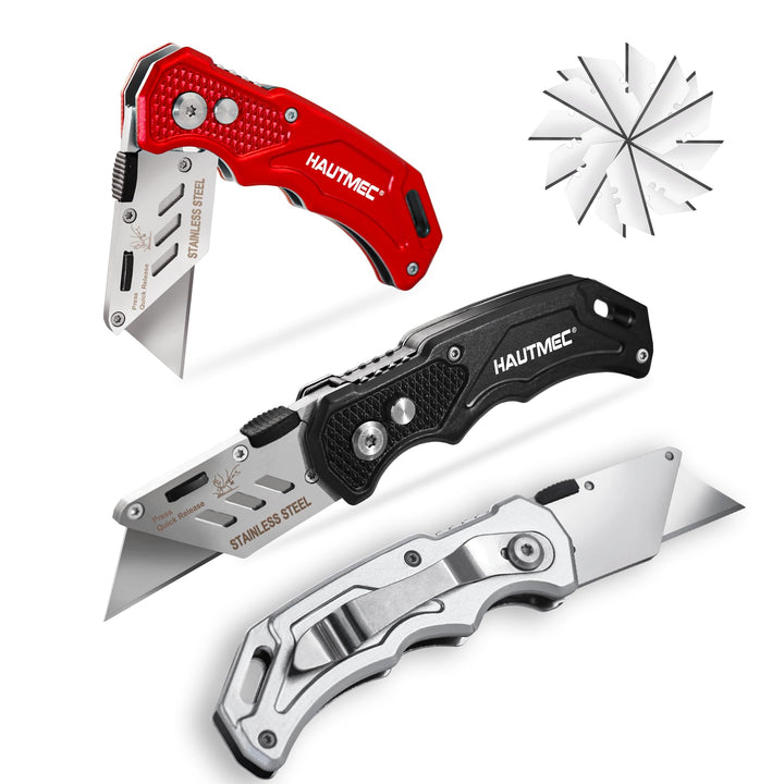 HAUTMEC 3er-Set Klappbares Universalmesser – Aluminium Cuttermesser mit Schnellwechselklinge, Sicher
