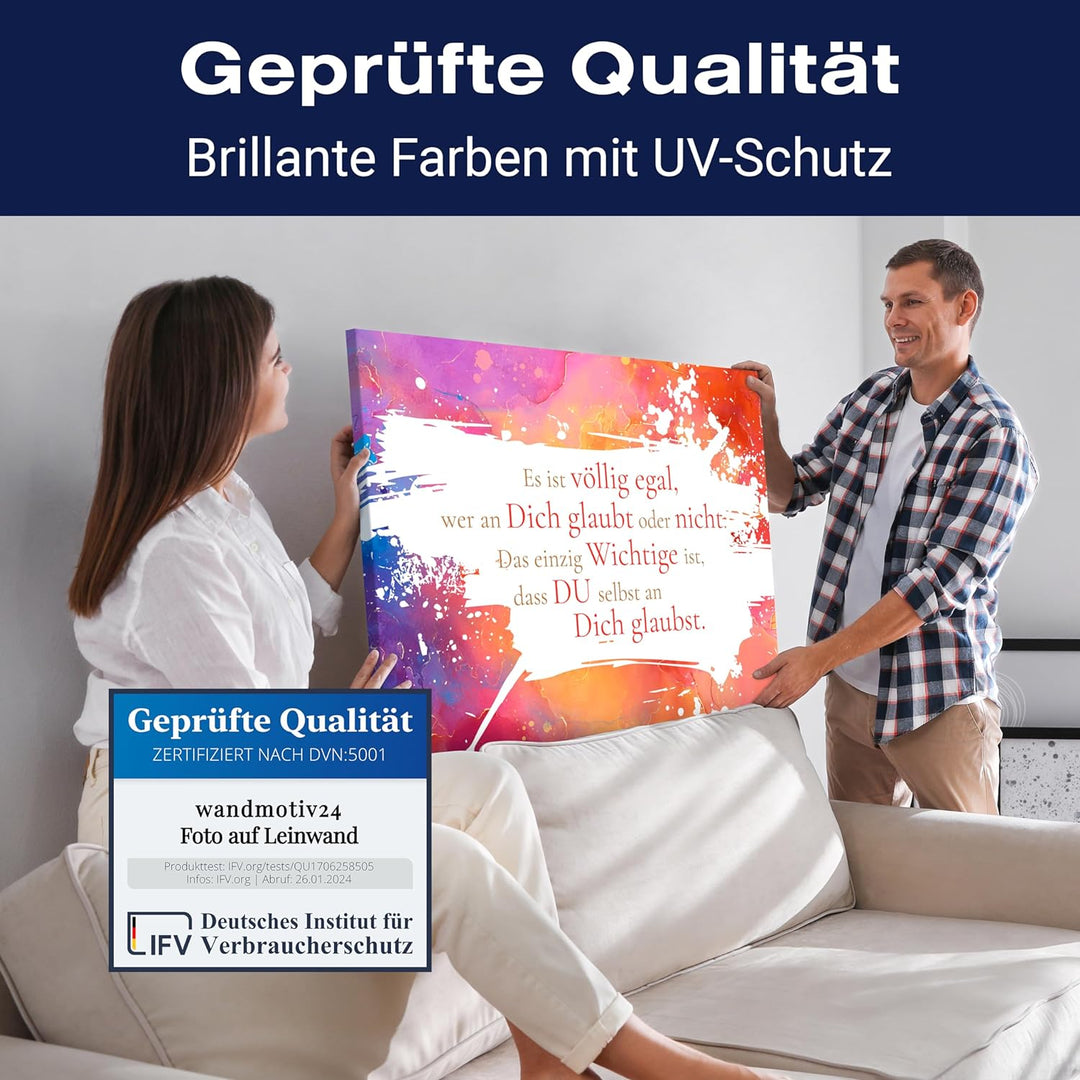 wandmotiv24 Motivations Motiv als Leinwandbild, 80x60cm, Querformat, Glaub an Dich selbst, bunter Ma