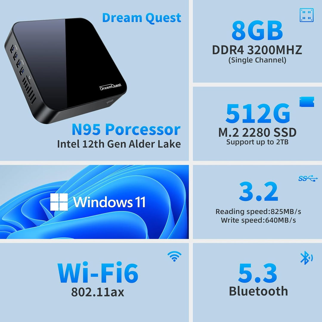 DreamQuest Mini PC Windows 11 Pro 8GB DDR4 512GB M.2 SSD Intel N95 (bis zu 3.4Ghz) Micro Desktop Com