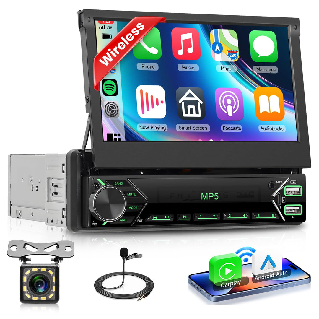 Autoradio 1 Din Carplay Android Auto Wireless mit 7 Zoll Manuell einziehbar Bildschirm,FM Radio mit
