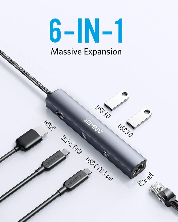 Anker PowerExpand 6-in-1 Ethernet Adapter, PD Hub, 65 PD, 4K HDMI, 1Gbps Ethernet, Daten, 2 USB 3.0