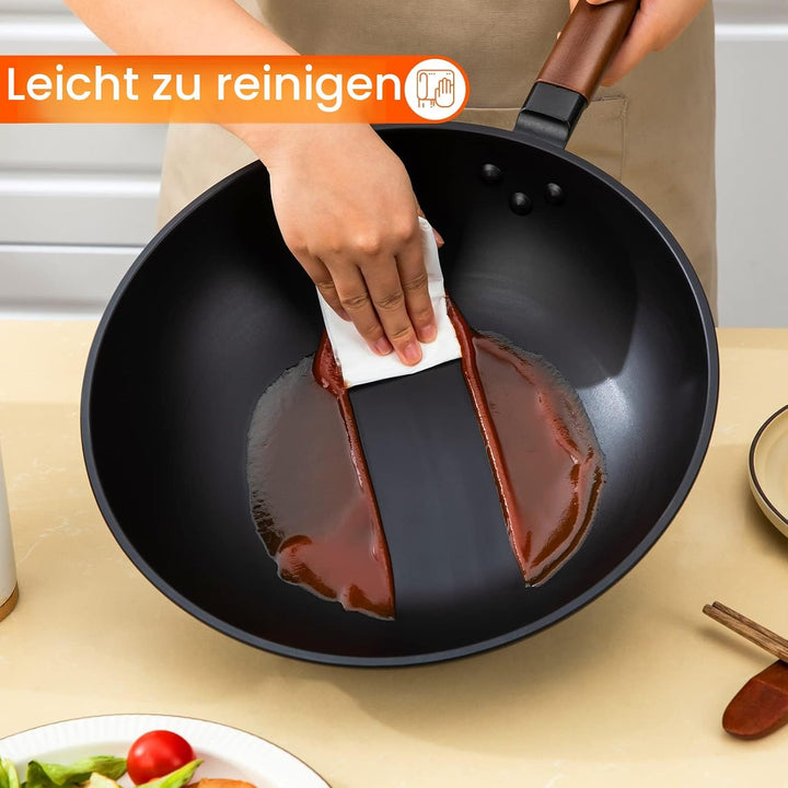 Jobin 33cm/5,6L Wokpfanne mit Eisendeckel Wok aus Kohlenstoffstahl Ohne Chemische Beschichtung und z
