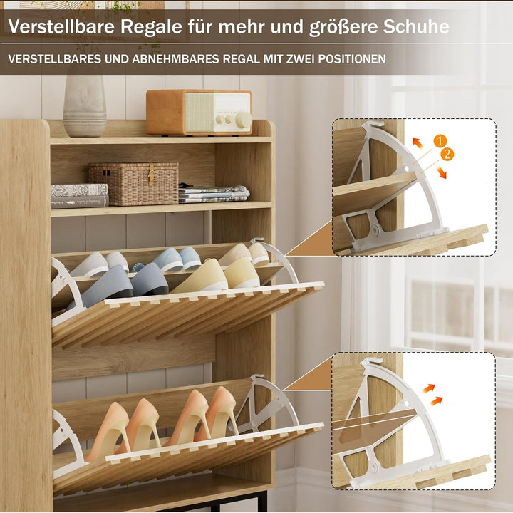 UEV Schuhschrank mit 2 Klappen Schmal, Schuhkipper für Flur Wohnzimmer, Schuhkommode mit Kippschutz,