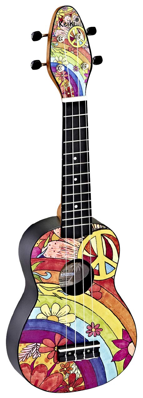 Ortega Guitars Sopran Ukulele bunt - Keiki K2 - Starterkit inklusive Tuner, Gurt, 5 Medium Plektren