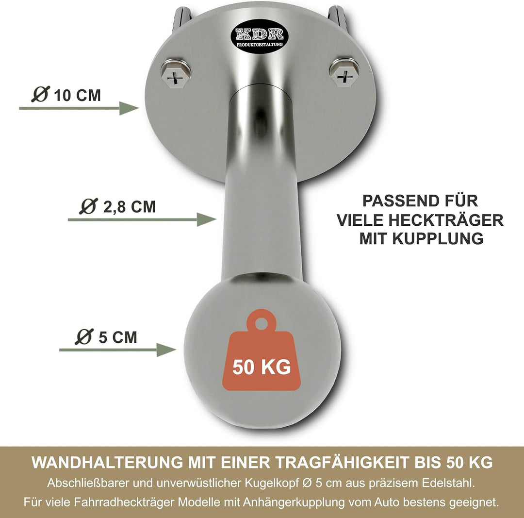 KDR Wandhalterung für Fahrradträger – massiver Edelstahlhalter für Kupplungsträger – sicher & platzs