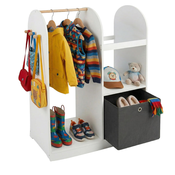 Relaxdays Kindergarderobe, 3 Haken, Kleiderstange & Aufbewahrungsbox, HxBxT: 108 x 97 x 35 cm, Kinde