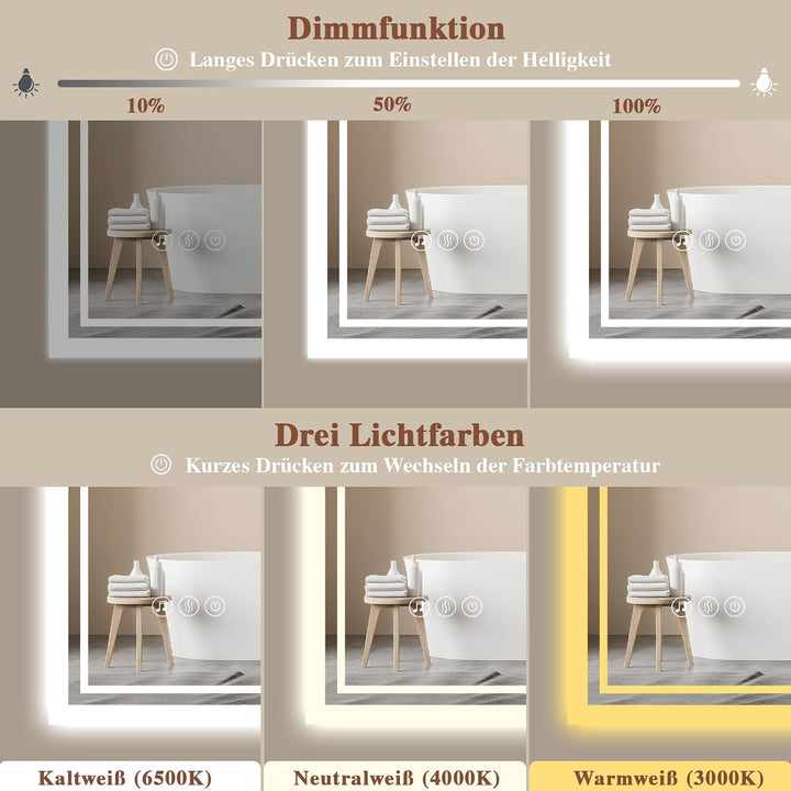 Badspiegel-mit-Beleuchtung 100x70cm - Badezimmer Spiegel mit Bluetooth - Badezimmerspiegel mit Besch