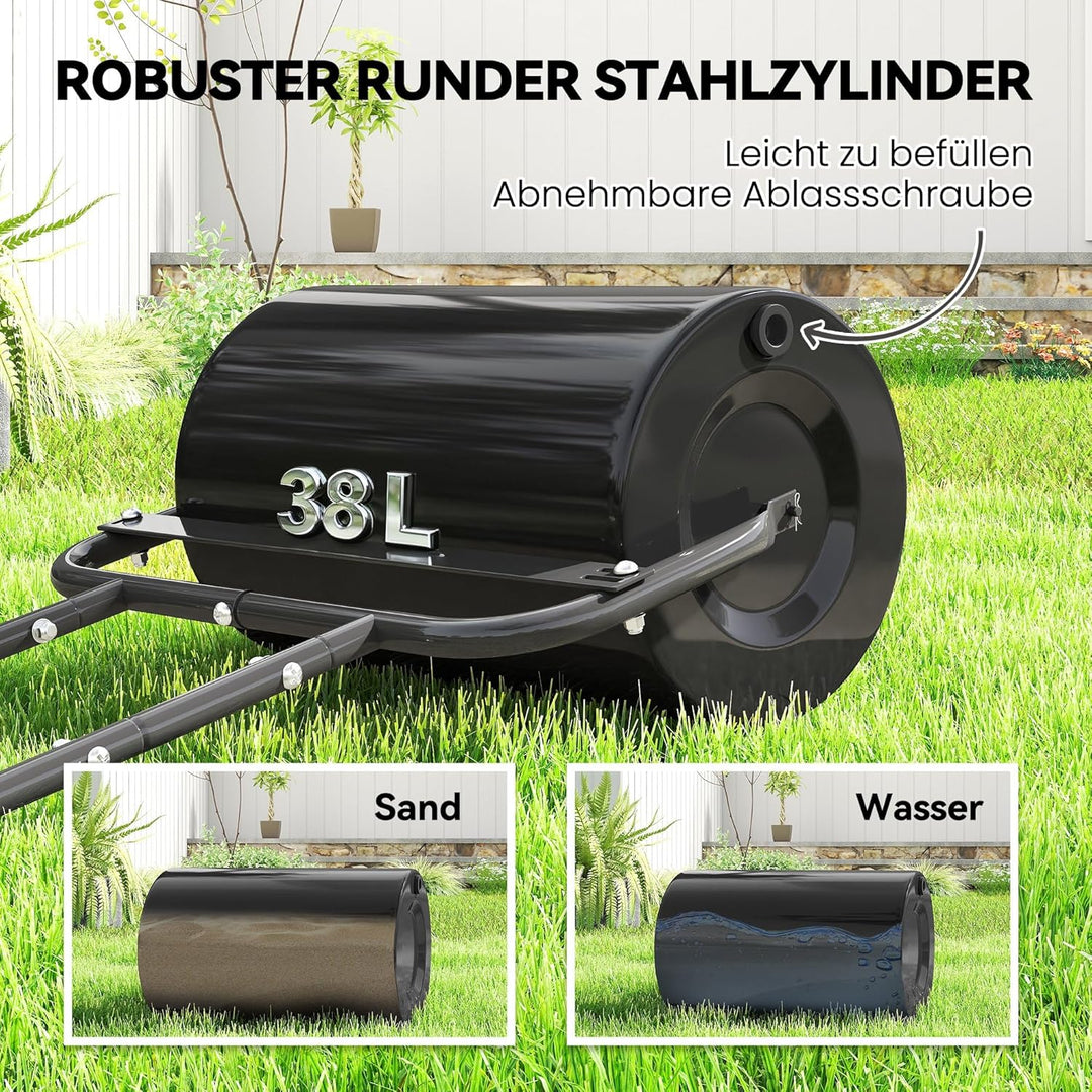 Outsunny Rasenwalze Gartenwalze befüllbar mit Wasser oder Sand, 50cm Breite Handwalze mit U-Griff, 3