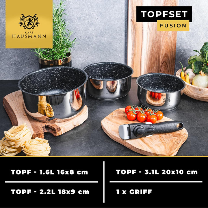 Topfset Induktion mit Abnehmbarer Griff - 3-Teilig - Edelstahl Kochtöpfe für Alle Herdarten - Kochto