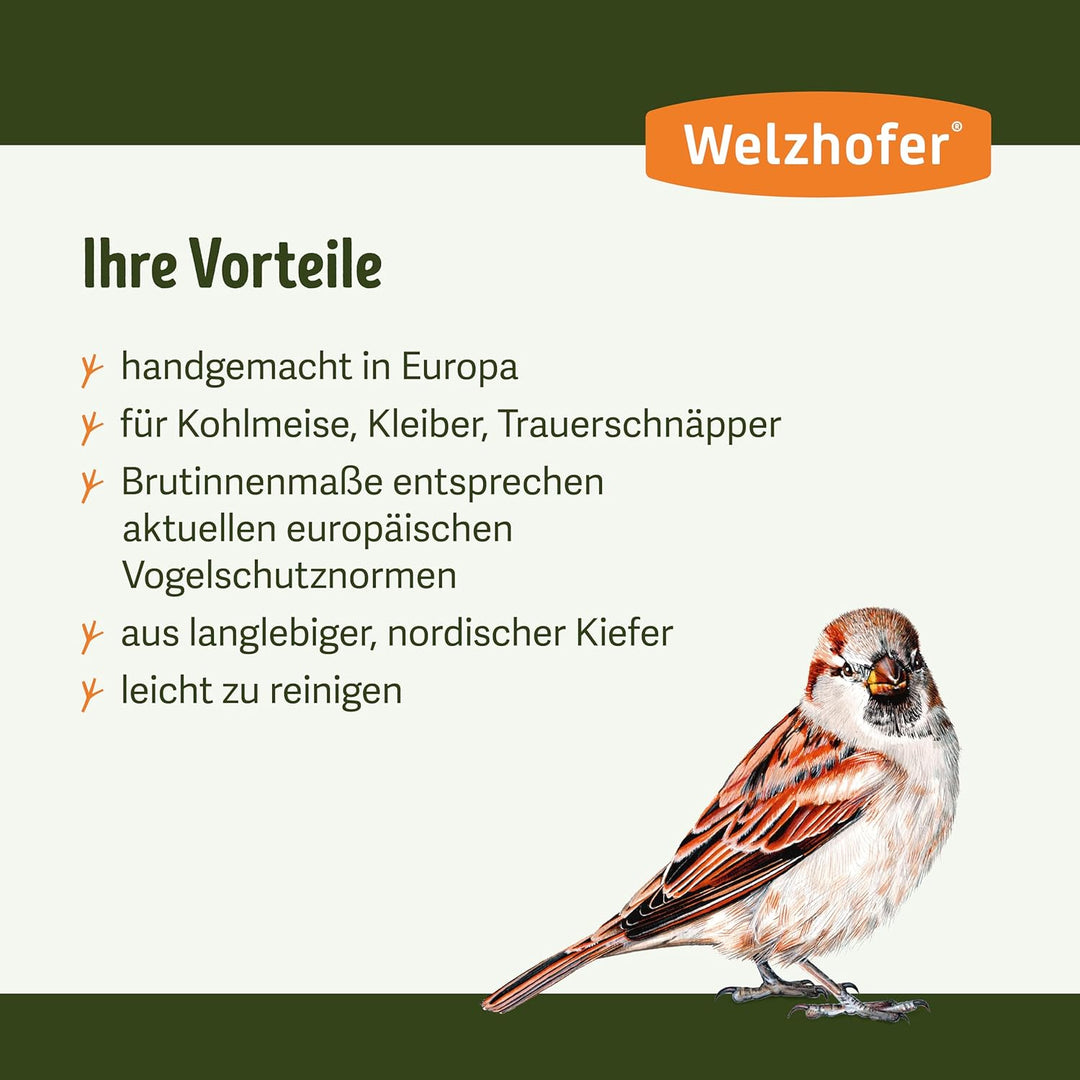 Welzhofer Nistkasten Nancy, Vogelhaus mit 34mm Einflugloch, handgemacht in Europa, für Kohlmeisen, K