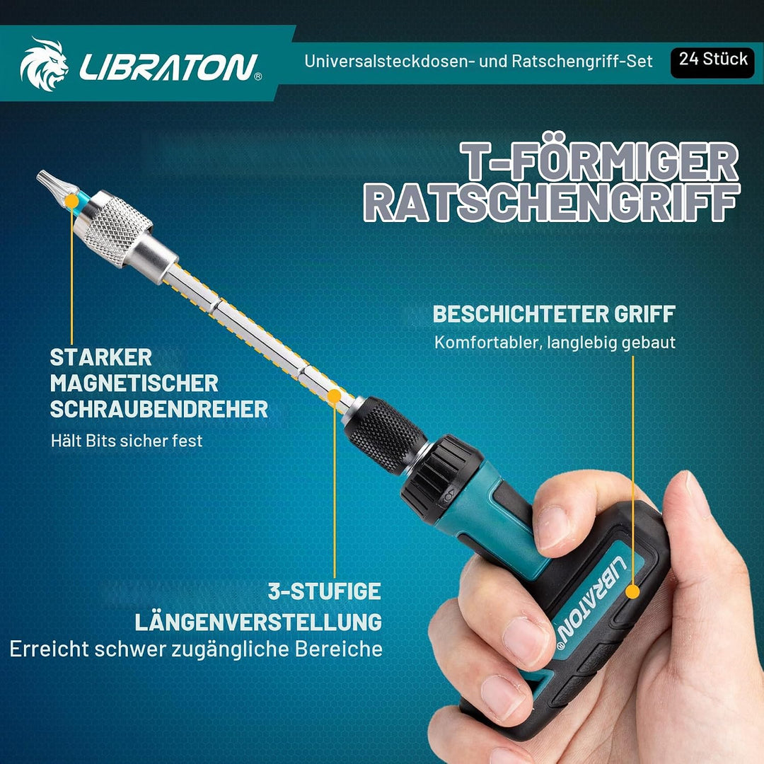 LIBRATON 24-tlg. 1/4" Drive T-Griff Ratsche &amp; Universalschlüssel, Bitsatz, Steckschlüssel adapter Ad