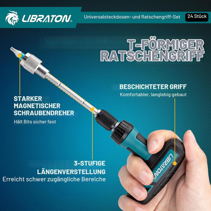 LIBRATON 24-tlg. 1/4" Drive T-Griff Ratsche &amp; Universalschlüssel, Bitsatz, Steckschlüssel adapter Ad