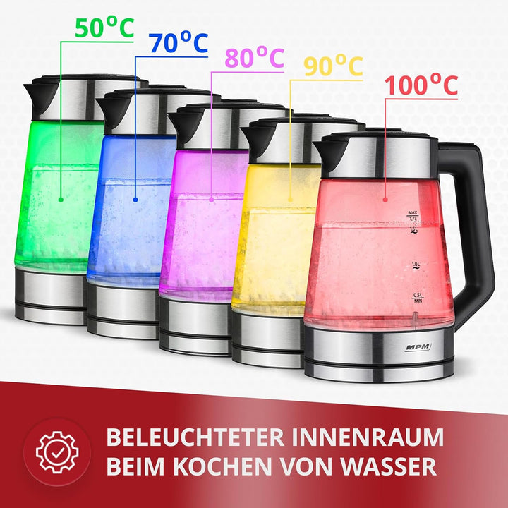 MPM MCZ-116 Wasserkocher 1,7L mit LED-Beleuchtung 2200W, Temperaturregelung 50-100°C, Glas- und Edel