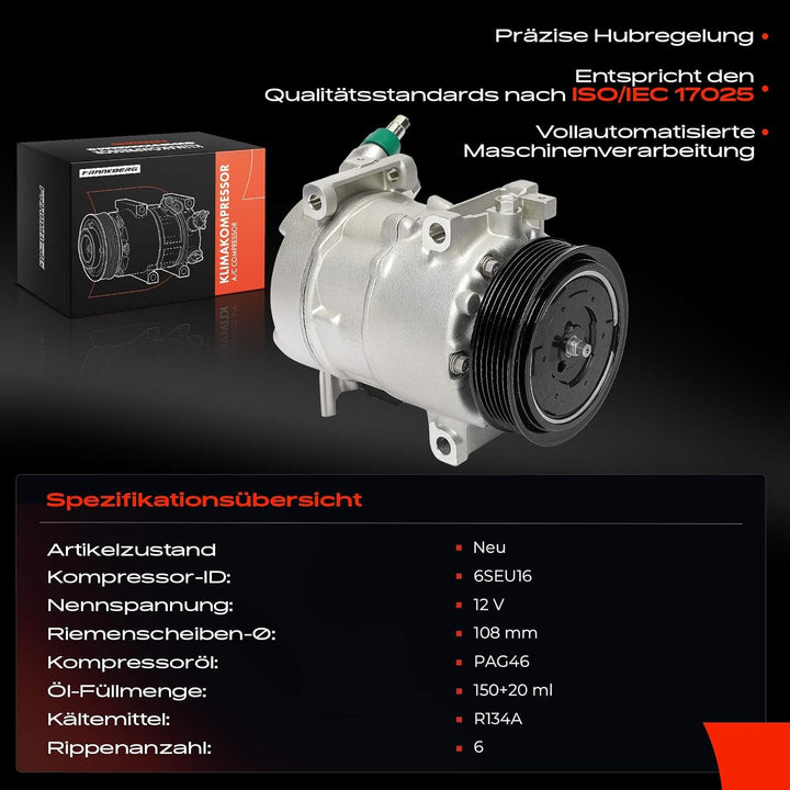 Frankberg Klimakompressor Klimaanlage Kompatibel mit Berlingo EC ER 1.5L 2018-2022 C3 II SC 1.2L-1.6