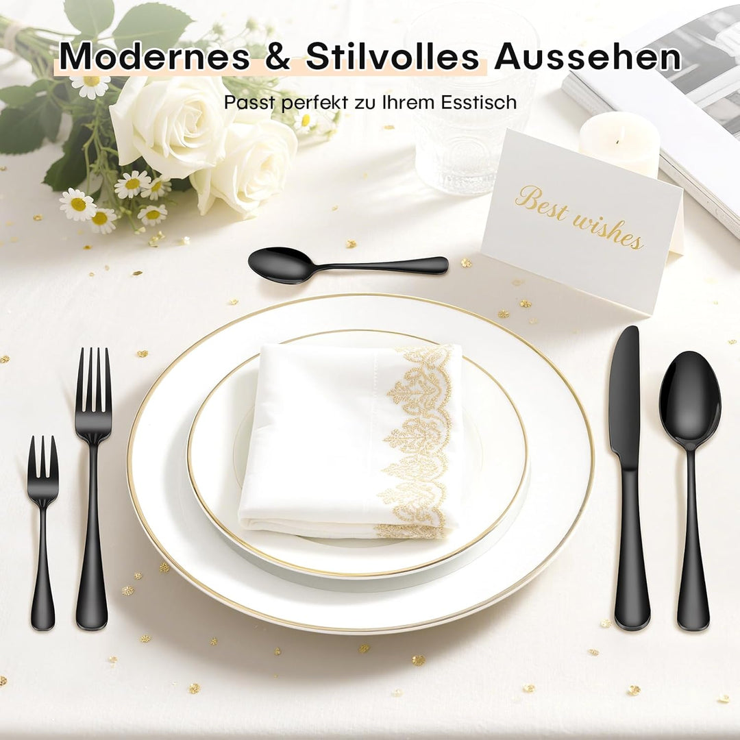 Besteck Set 6 Personen, 30 Teilig Schwarz Besteckset mit Messer Gabel Löffel, Essbesteck Set Edelsta