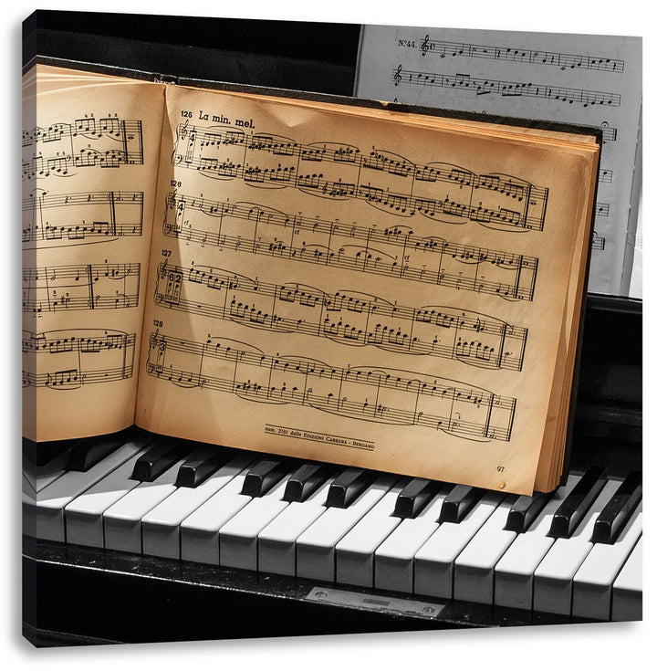 Pixxprint Notenbuch auf Piano als Leinwandbild/Grösse: 70x70 cm/Wandbild/Kunstdruck/fertig bespannt,