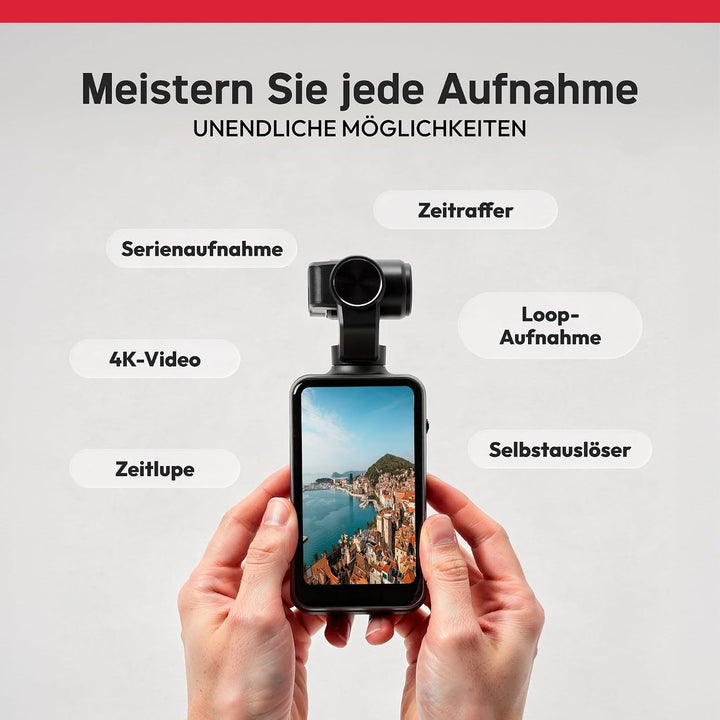 AGFA Photo Gimbal Realimove MC3X - Caméra Stabilisateur 3 Axes 4K Ultra HD, Écran Tactile Rotatif 3,