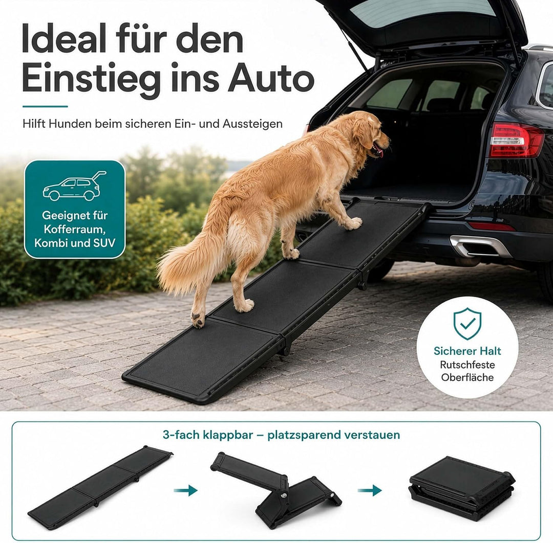 Wiltec Hunderampe 180 x 40 cm 50 kg 3-Fach faltbar rutschfeste Autorampe für Hunde, klappbare Einsti