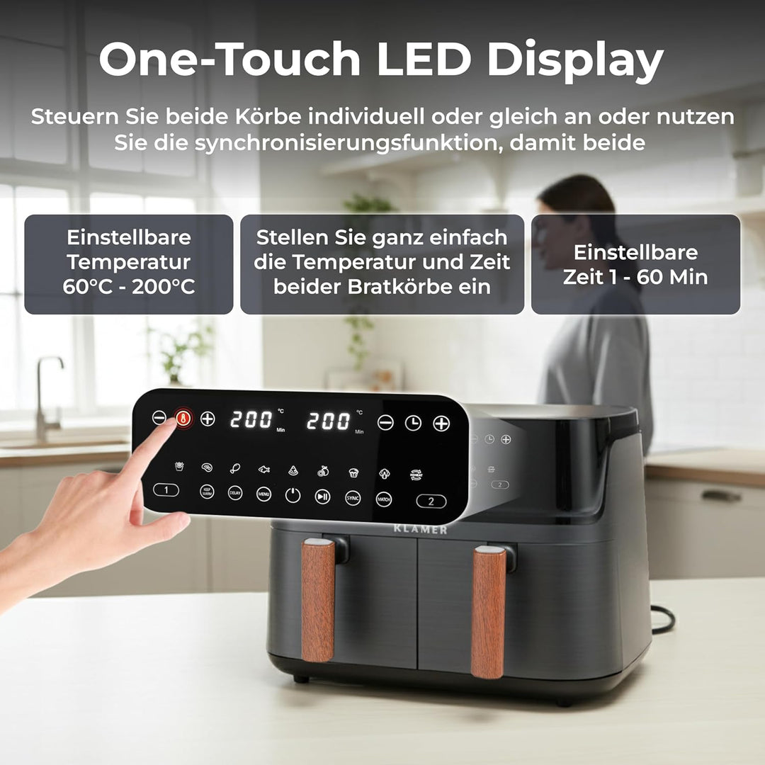 KLAMER Heissluftfritteuse Duo 9 L – Doppelkammer Airfryer mit 2 Körben & Digitaldisplay, 10 Automati