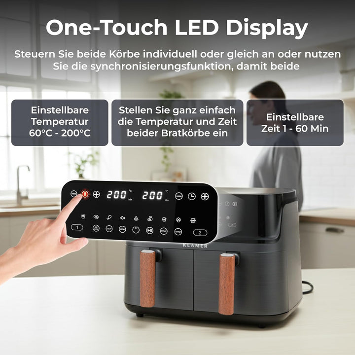 KLAMER Heissluftfritteuse Duo 9 L – Doppelkammer Airfryer mit 2 Körben & Digitaldisplay, 10 Automati