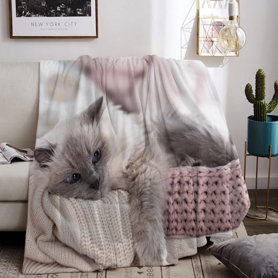 Kuscheldecke Mit Katzenmotiv 130x150cm, Sofa Decke Mit Tiermotiv, Weiche Warme Fleecedecke für Erwac