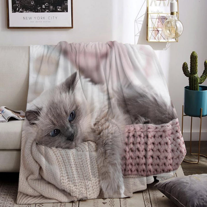 Kuscheldecke Mit Katzenmotiv 130x150cm, Sofa Decke Mit Tiermotiv, Weiche Warme Fleecedecke für Erwac