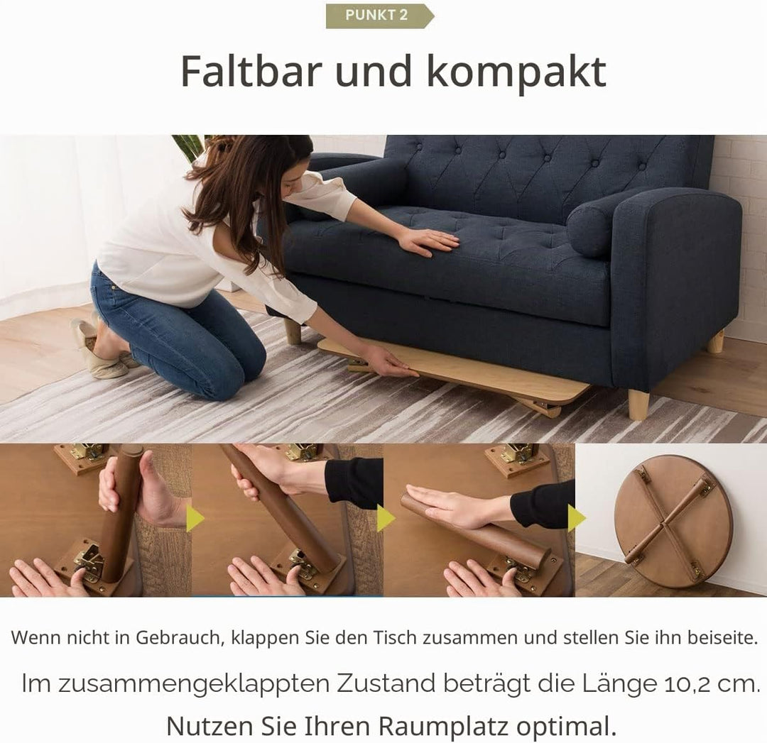 EMOOR Klapptisch Holz, Klein-Rund Naturfarben, Couchtish Tatami Tisch, Klein-Rund Naturfarben