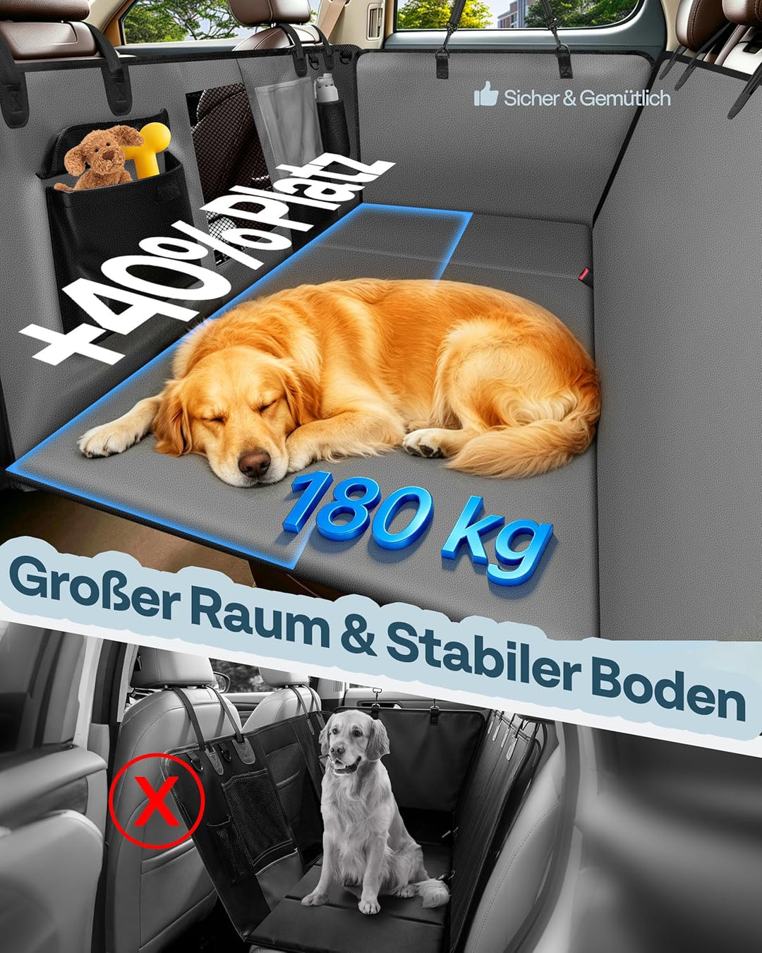 Hundedecke für Auto Rückbank Hundesitzbezug mit Harter Unterseite inkl. Seitenschutz und Sichtfenste
