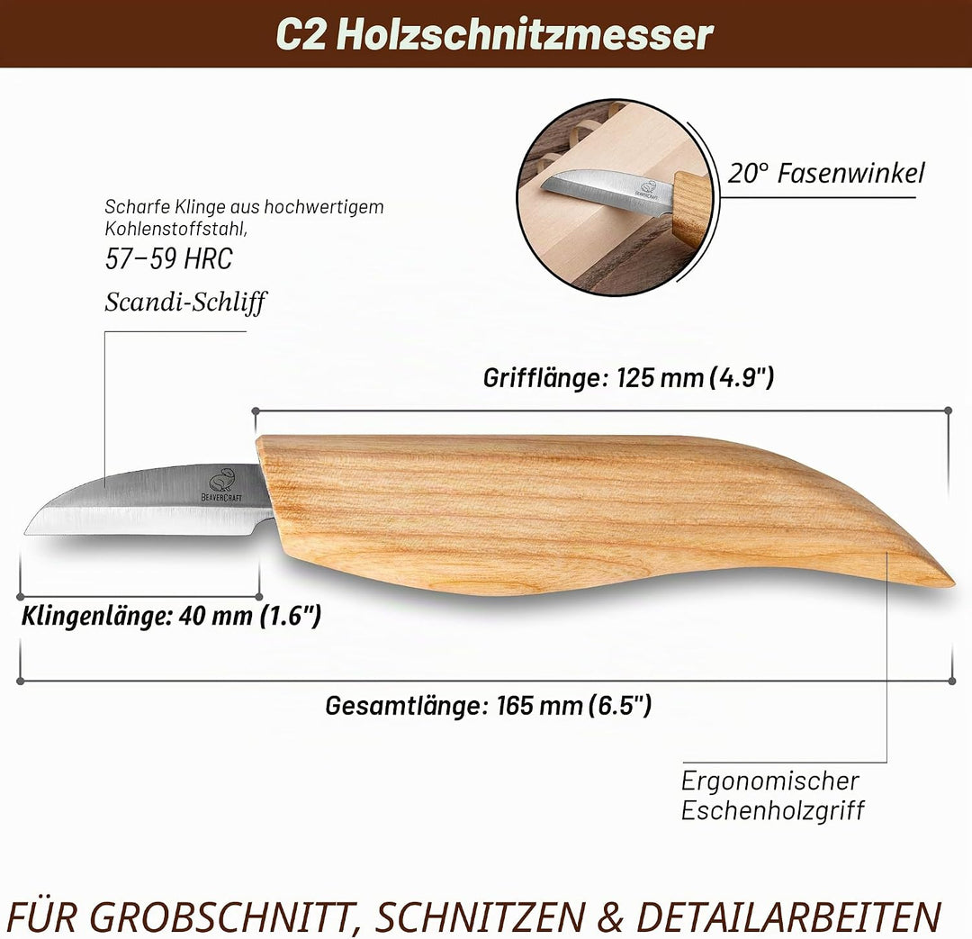 BeaverCraft Schnitzmesser C2 Schnitzmesser zum Schnitzen feiner Holzspäne und für allgemeine Zwecke