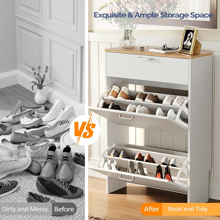 Bonnlo Schuhschrank mit 2 Klappen und 1 Schublade, Schuhregal Schmal, Schuhaufbewahrung, Schuhkipper