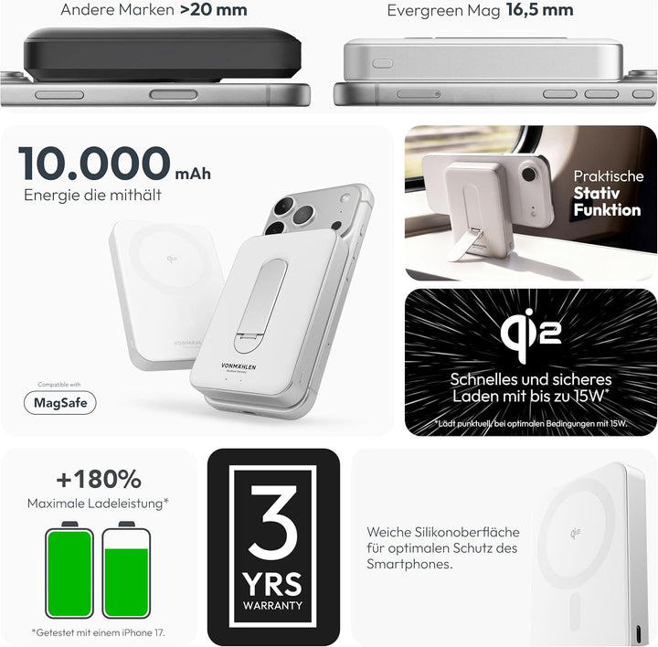 VONMÄHLEN Evergreen Mag mit Kickstand: 10.000 mAh Qi2-Powerbank kompatibel mit MagSafe – 15W kabello