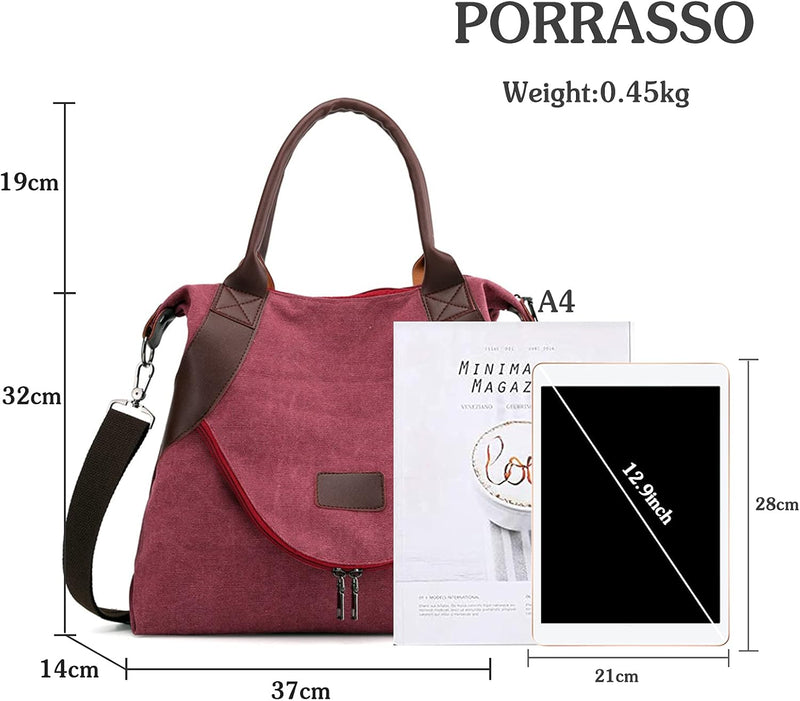 PORRASSO Damen Handtasche Casual Schultertasche Umhängetasche Tote Shopper Leicht Canvas Strandtasch