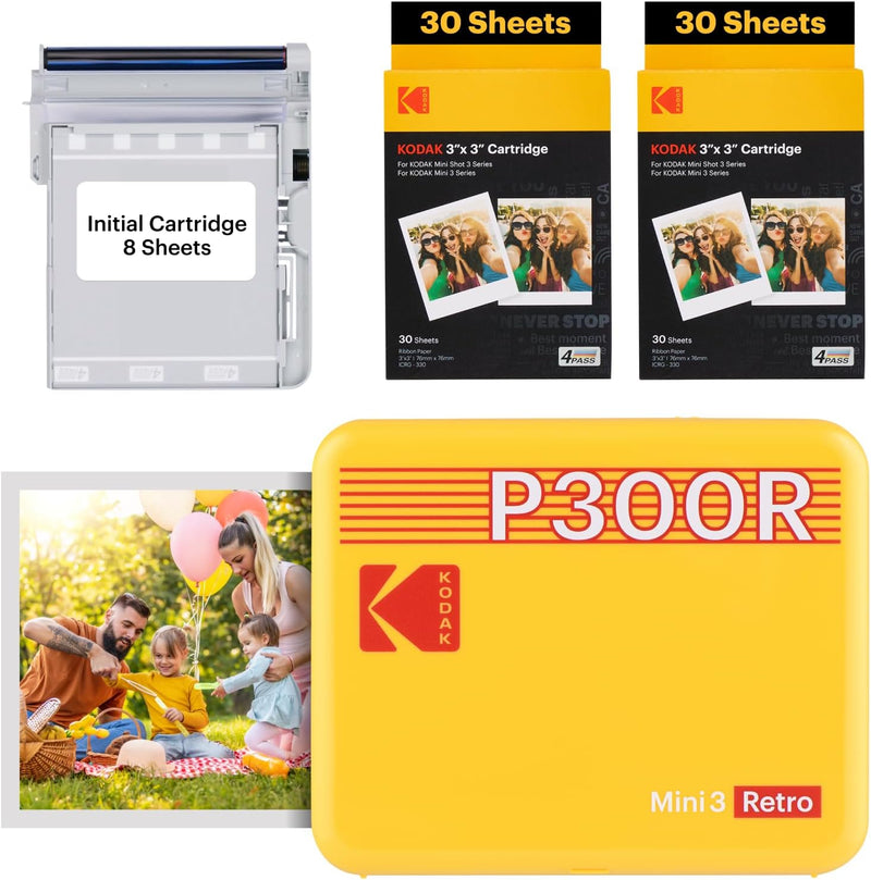 KODAK Mini 3 Retro 4PASS Fotodrucker, tragbar (7,6 x 7,6 cm) – Paket mit 68 Blättern, Gelb Imprimant