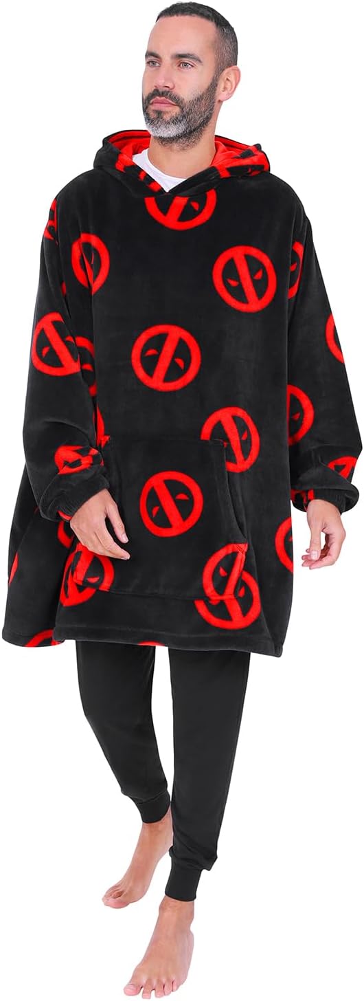 Marvel Deadpool Herren-Kapuzenpullover, übergrosse Fleecedecke, Schwarz, Schwarz , Einheitsgrösse