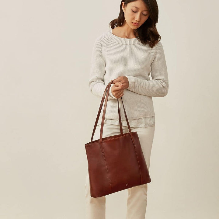 Maxwell Scott Italienischer Damen Leder Shopper Athenea in Cognac Braun, Cognac Braun