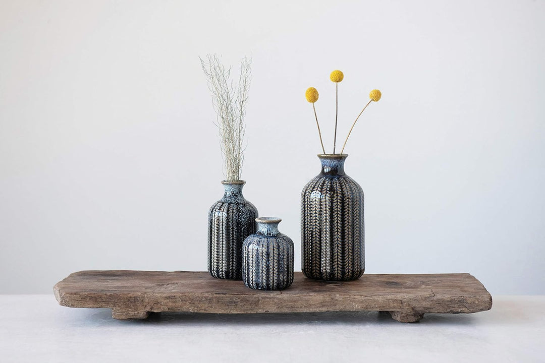 Creative Co-op Vase mit Prägung aus Steingut, reaktiv, glasiert, 3 Grössen, Blau