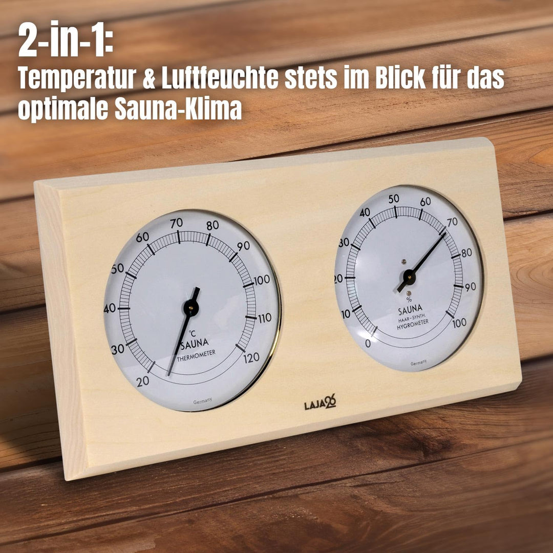 Sauna Thermo-Hygrometer - FSC Espenholz - Misst Temperatur & Luftfeuchtigkeit - Bimetalltechnik - Sy
