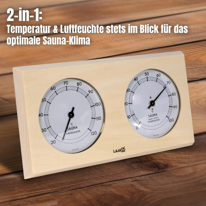 Sauna Thermo-Hygrometer - FSC Espenholz - Misst Temperatur & Luftfeuchtigkeit - Bimetalltechnik - Sy