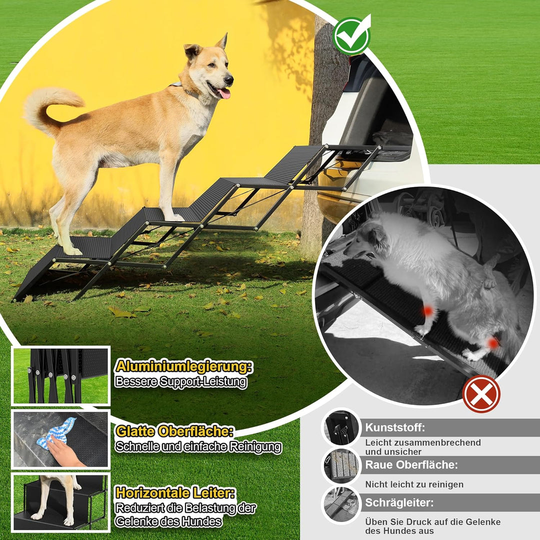 60cm Extra-Wide Dog Car Ramp - Tragbare 5-Schritt-Aluminium-Treppe mit Rutschfester Oberfläche, Unte