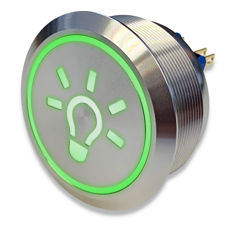 Metzler Edelstahl Drucktaster Ø40mm, 2-polig, 10 Pin, Symbol Licht LED Ring (Grün), Grün
