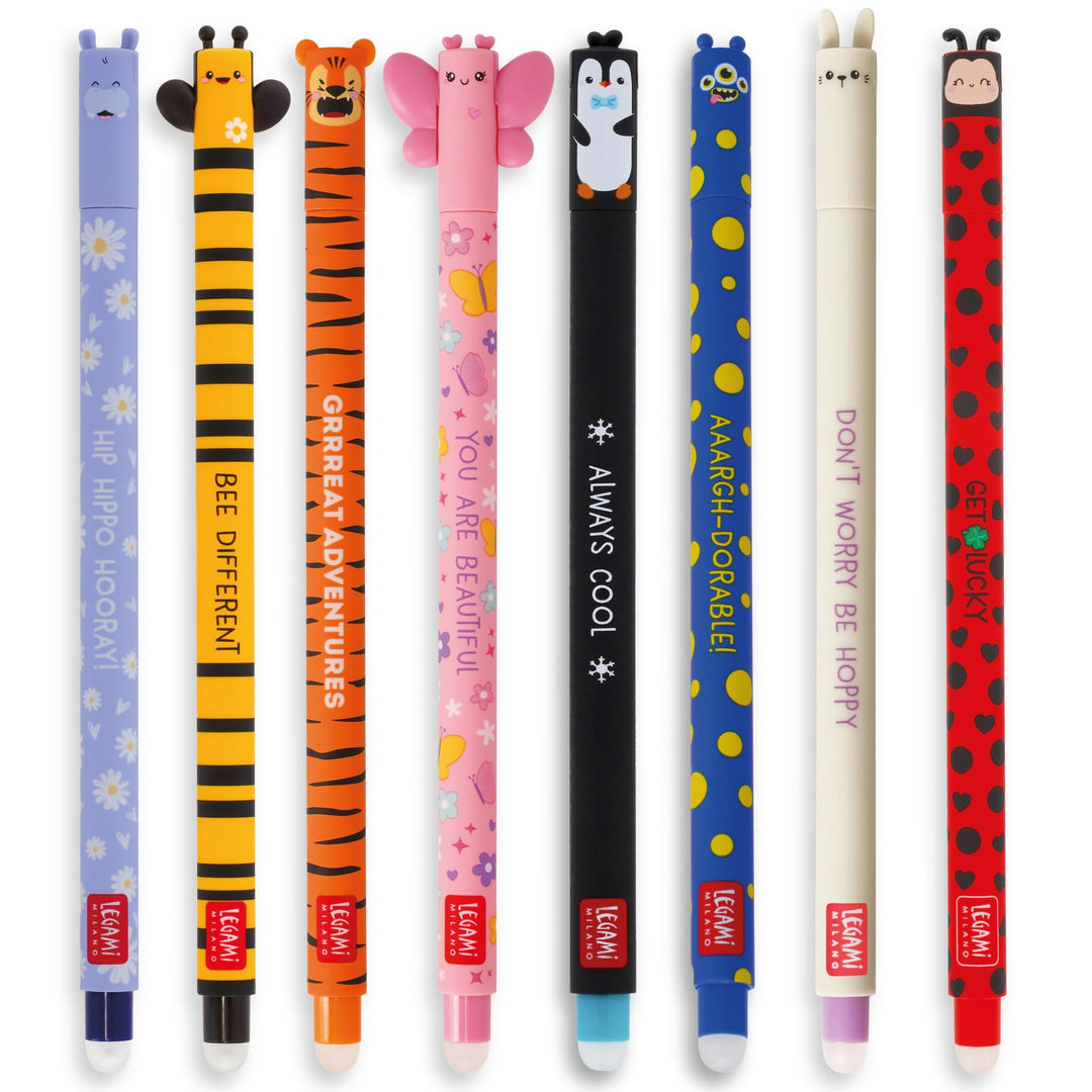 Legami – Set mit 8 löschbaren Gelstiften, Thema Animals, Kugel am Ende zum Entfernen der Tinte, schw