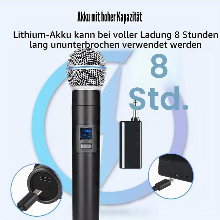 Kabelloses Mikrofon, Handmikrofon, Metall, kabelloses Handmikrofonsystem mit wiederaufladbarem Empfä