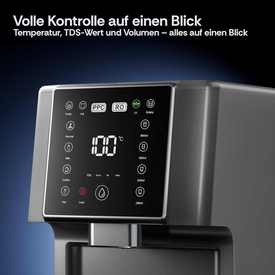 Slim Osmoseanlage Trinkwasser Auftisch | Direct Flow Umkehrosmoseanlage | Heisswasserspender | 4 Tem
