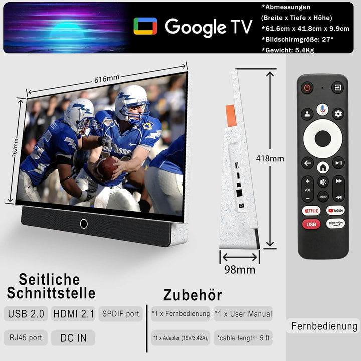 OFD Portable Smart TV 27 Zoll,Outdoor Fernseher 1080P Android14 OS,8Ω Dolby Audio,100% sRGB,WiFi-Unt